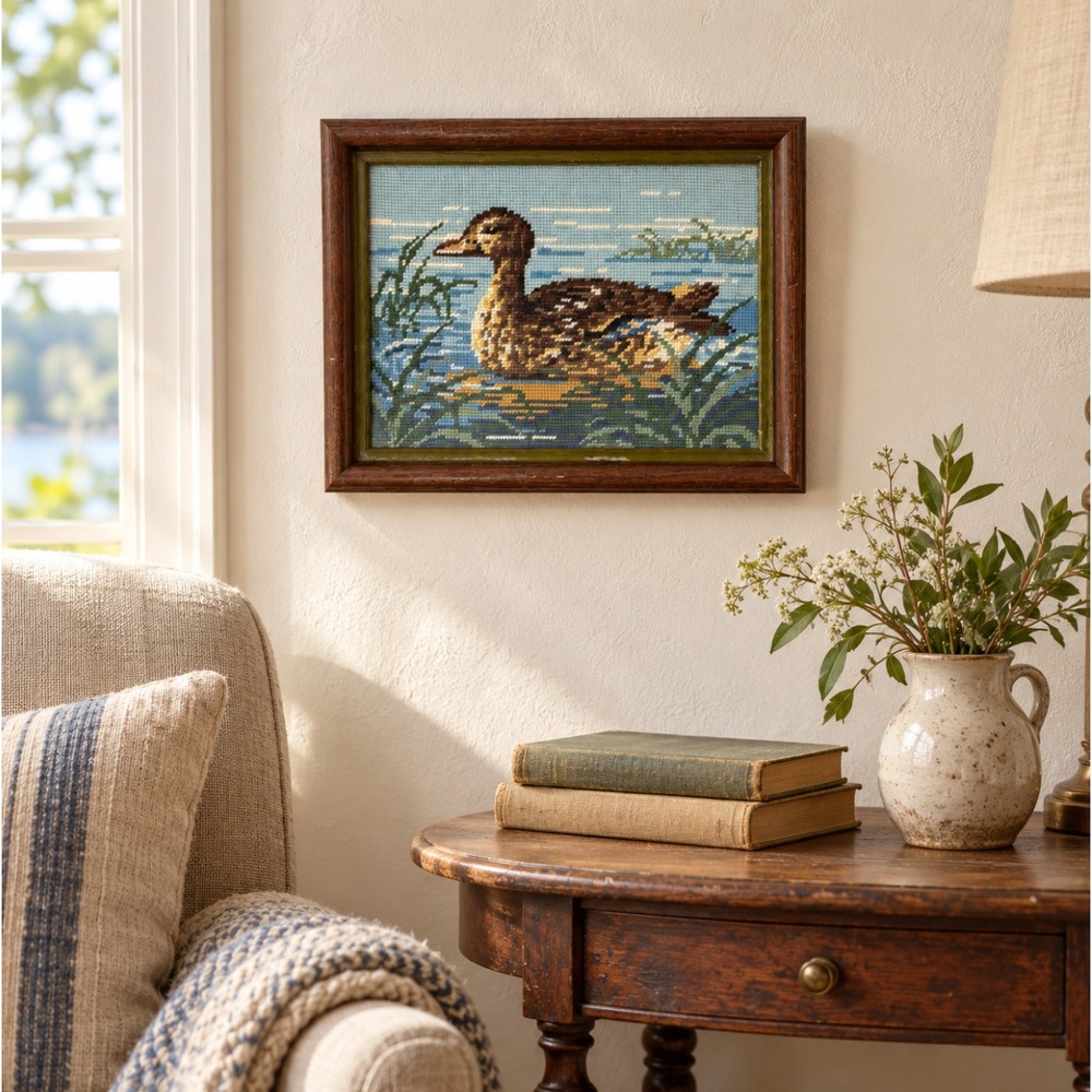 Vintage Duck Needlepoint Framed Wall Art Rustic Cabin Lake House Cottagecore